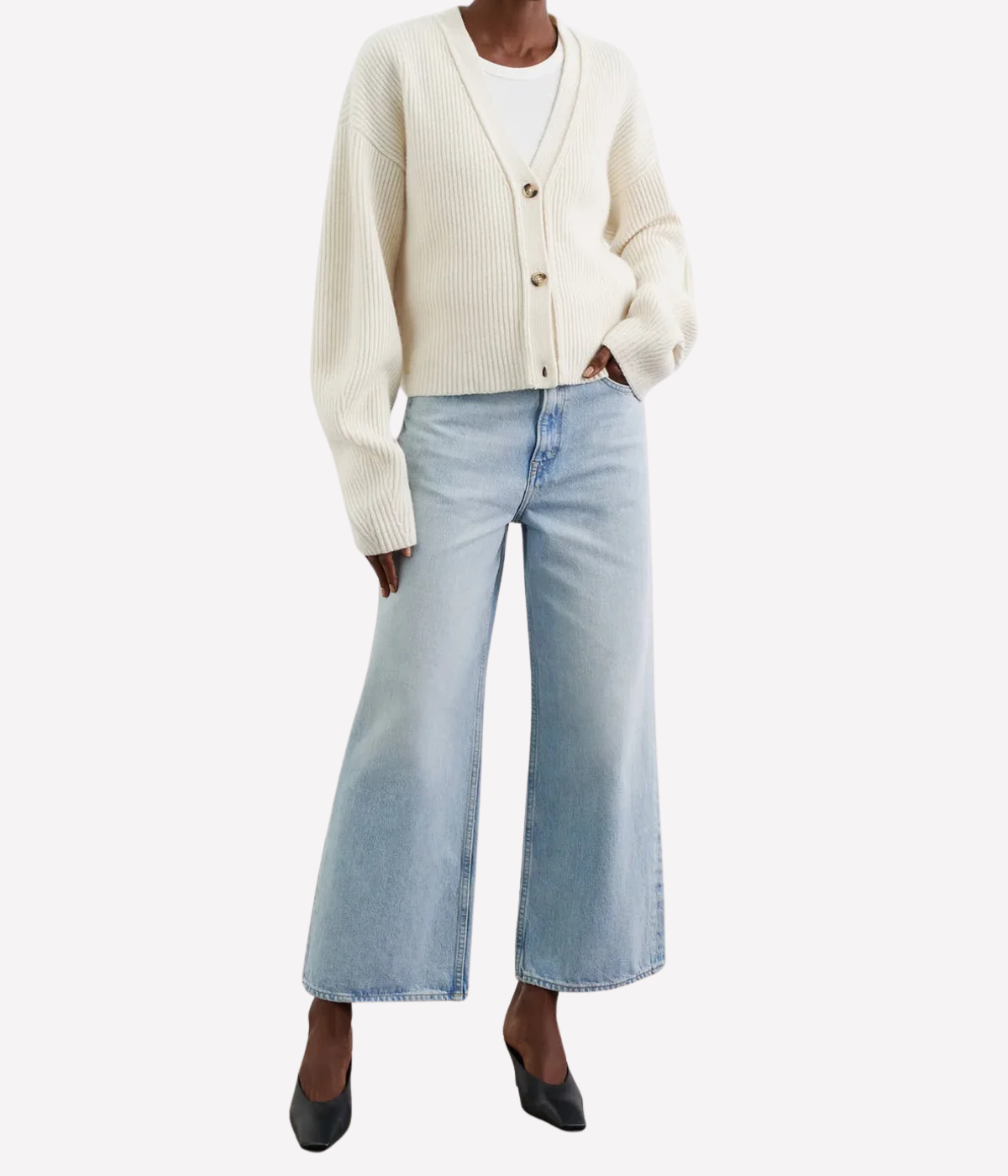 Soft Goat Ribbed Cardigan in Cream – Full Model View