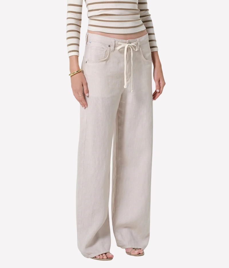 Brynn Drawstring Linen Trouser In Pale Stone