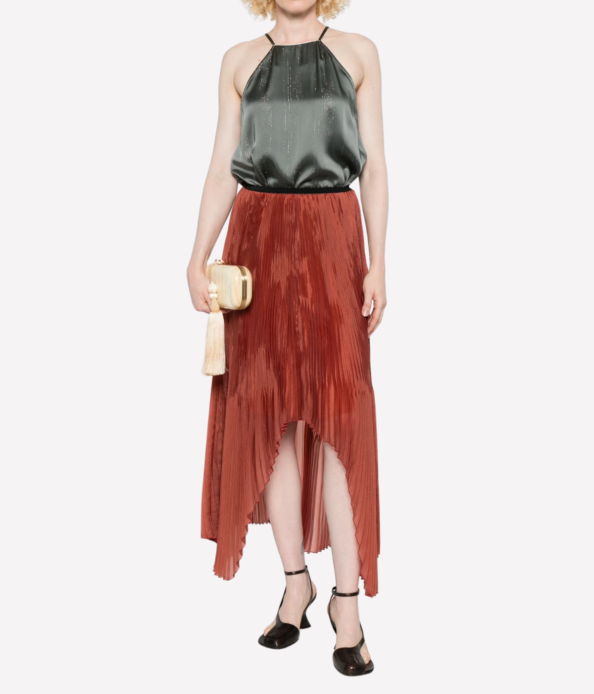 Silver pinstripe satin strap top in ombra