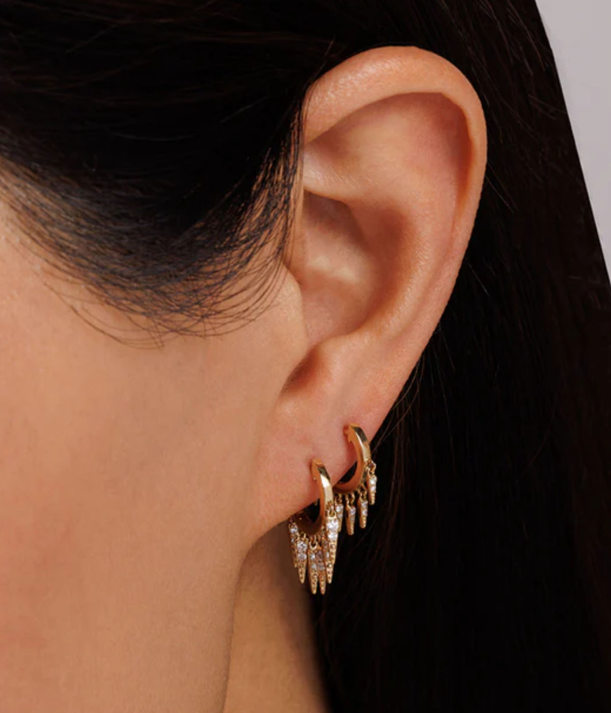 Pave Fringe Drop Huggie Hoops in 14k Yellow Gold