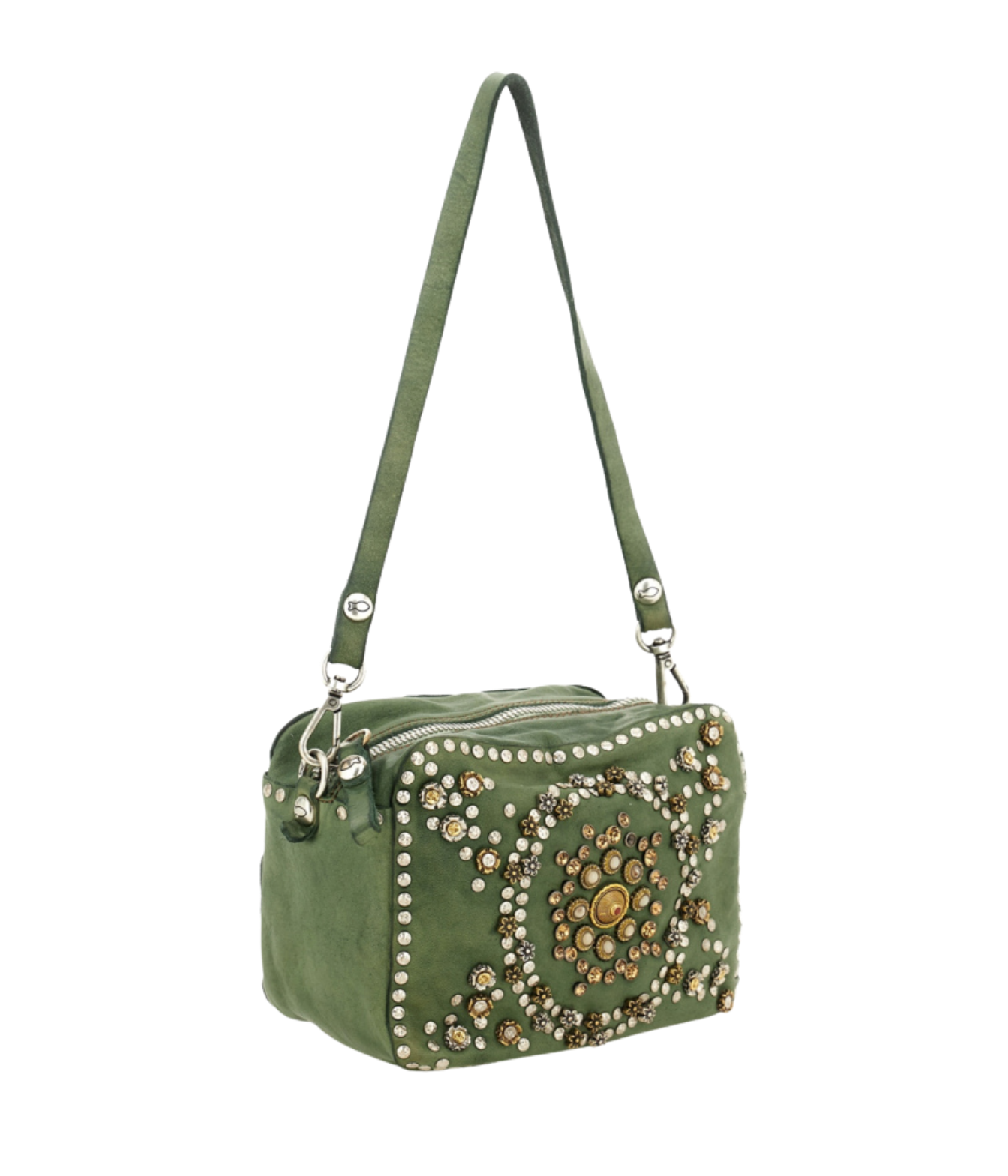 An olive green suede shoulder bag with silver-tone hardware, featuring a large circular floral mandala embellishment on the front face with rhinestones and metallic studs, and a matching green shoulder strap.