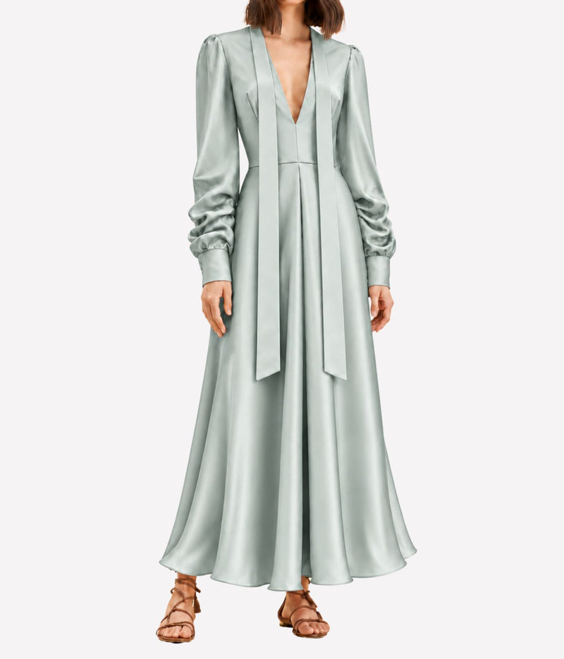 Raquel Diniz Valerie Dress in Mint - maxi dress shown on brunette model with long neck ties