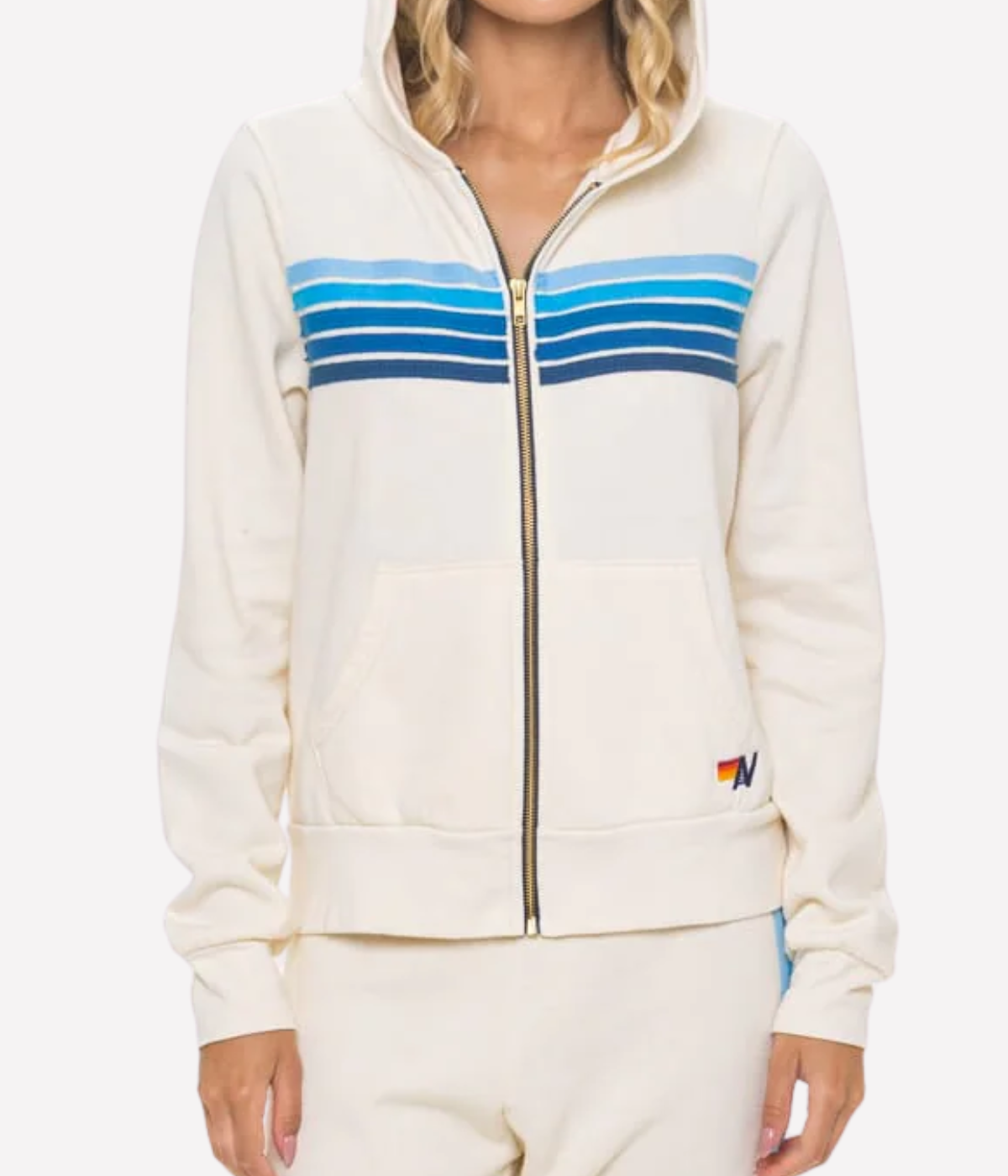 5 Stripe Zip Hoodie in Vintage White & Blue