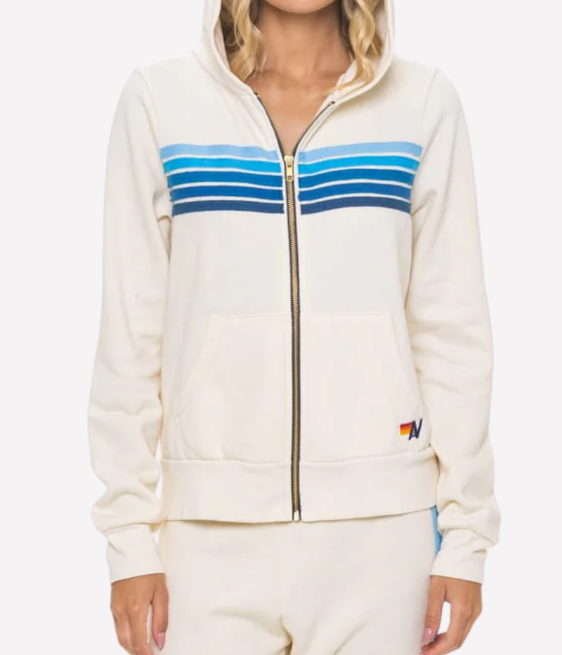 5 Stripe Zip Hoodie in Vintage White & Blue