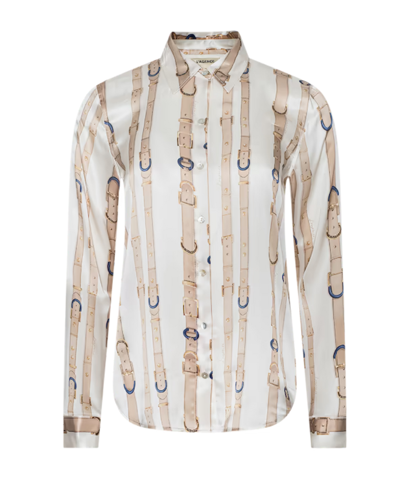 L'Agence Tyler L/S Blouse In Ecru Multi Stud Belt Stripe - long sleeve silk shirt with belt detail 