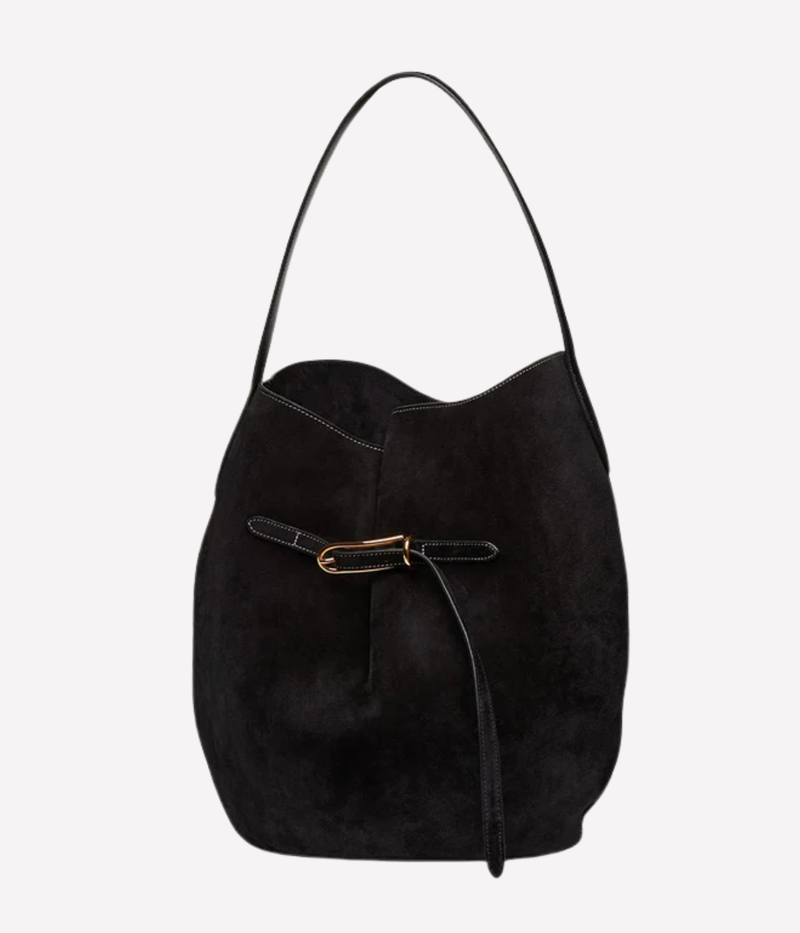 Belted Bucket Bag Large in black suede