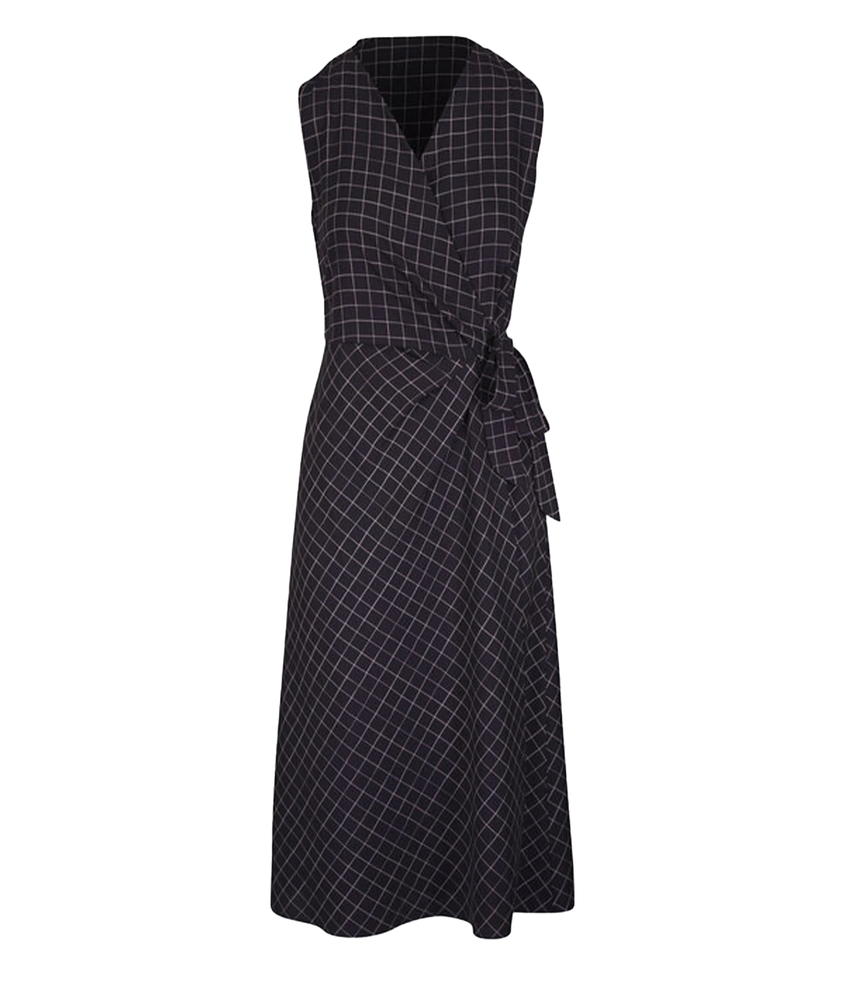 Vince Trellis Wrap Dress featuring pleated crepe fabric in a trellis-inspired check pattern, with a side tie closure and flattering 49" length. Perfect for effortless elegance.