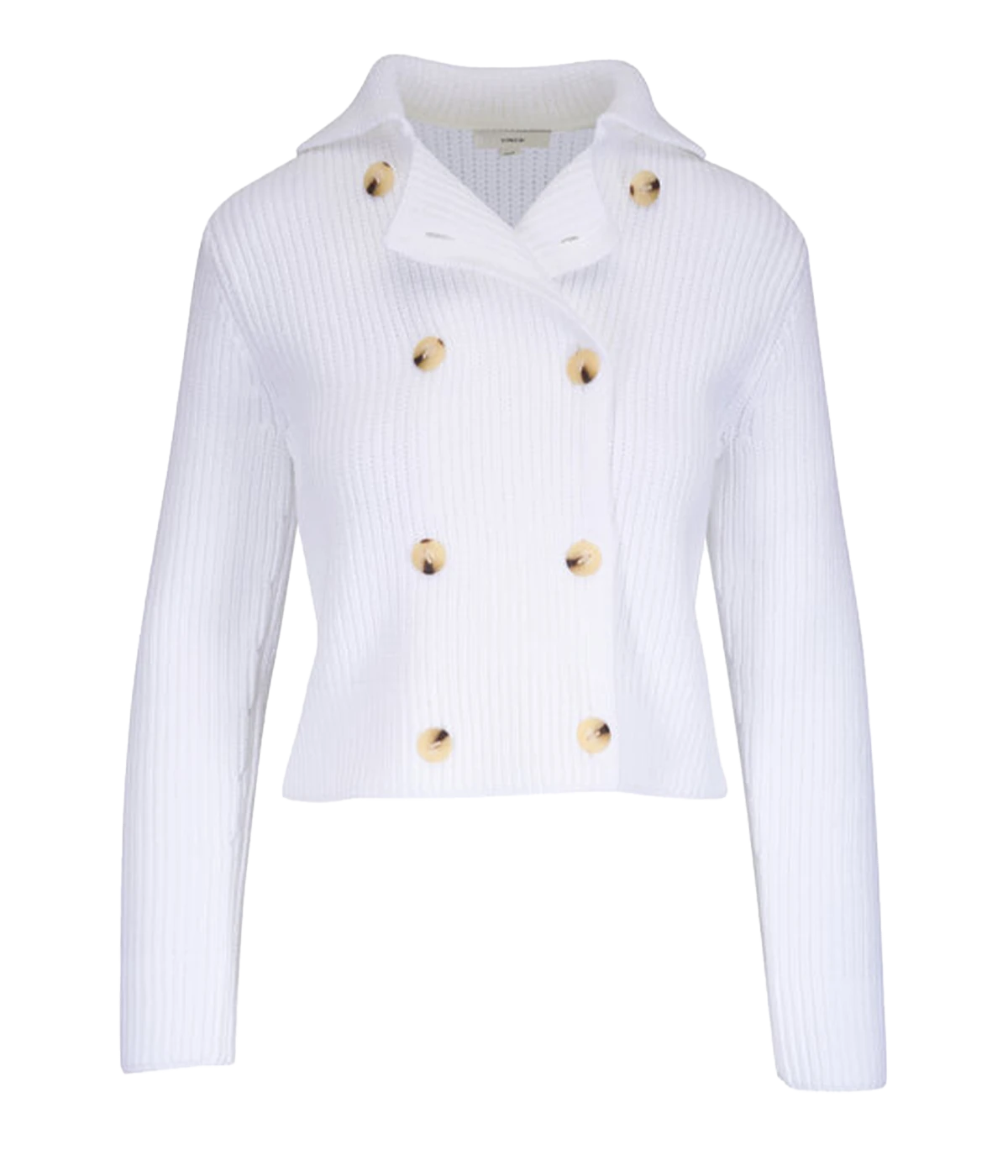 Women's double-breasted shaker-stitch cotton sweater in navy with faux-horn buttons and cropped silhouette – structured knit layering piece