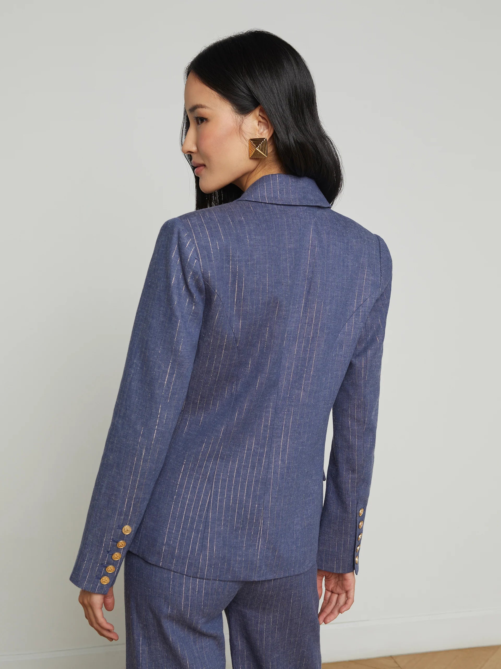Kenize Double Breasted Blazer in Wild Wind Gold Pinstripe