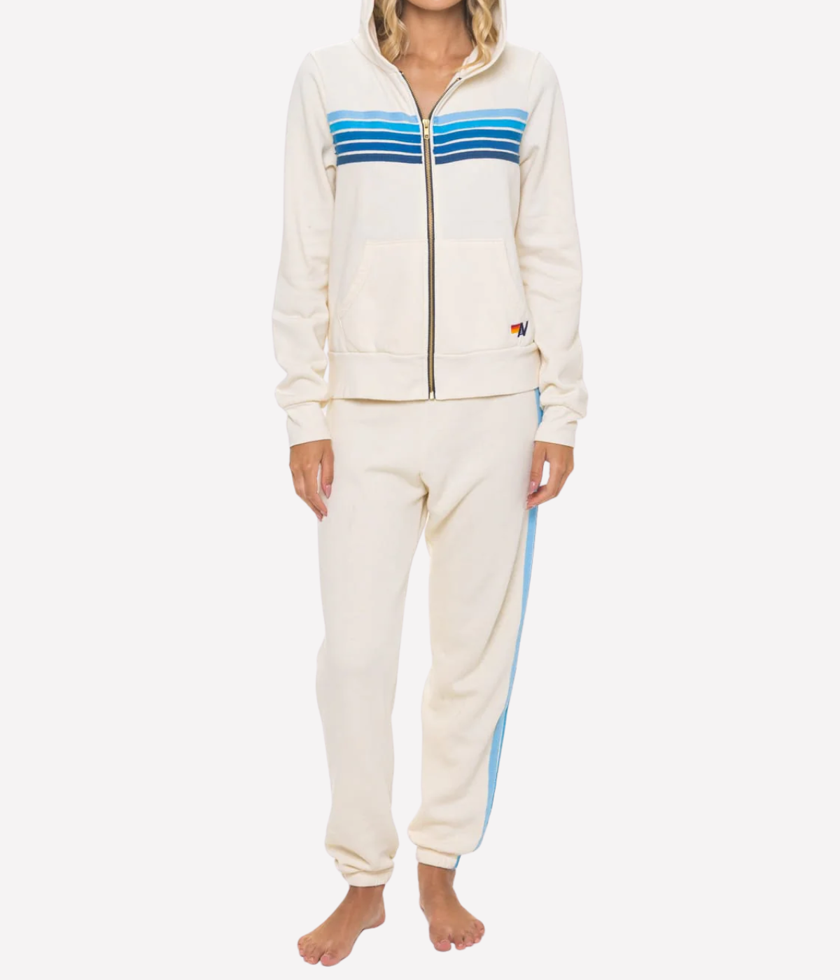 5 Stripe Zip Hoodie in Vintage White & Blue