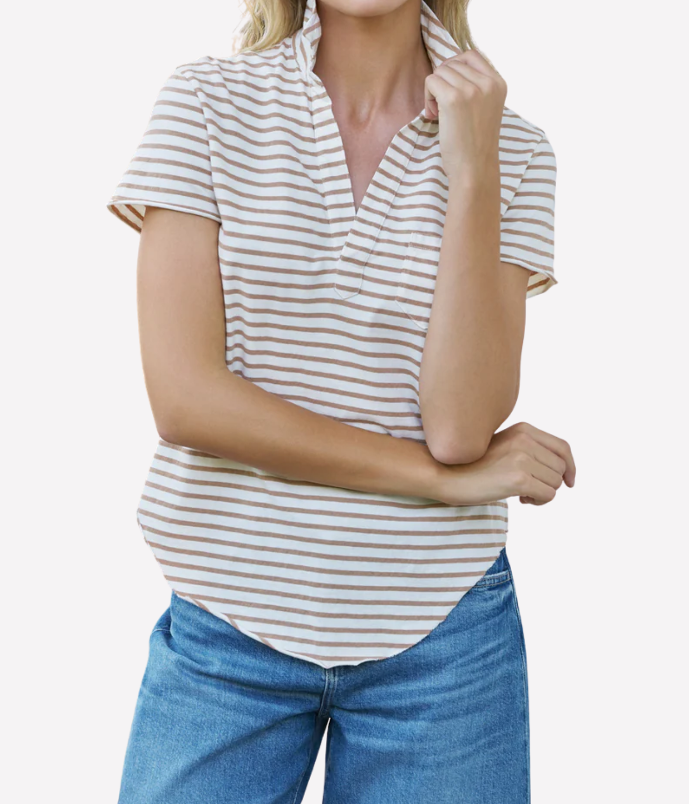 Charlotte Perfect Polo in Vintage White Camel Stripe