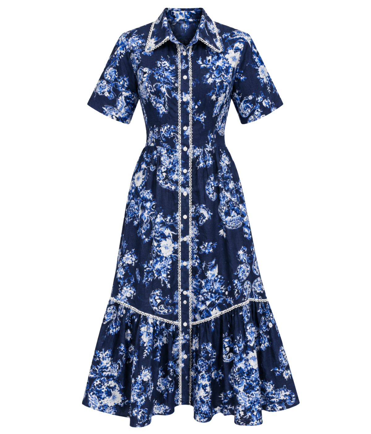 Front view of the Positano Costiera Dress in Night, a navy and white floral shirt dress with a pointed collar, short sleeves, buttoned front, white piped trim and a ruffled midi hem