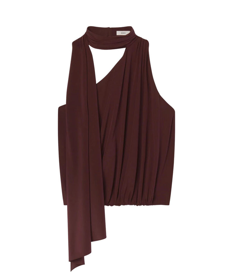 A.L.C. Celeste Top in Coffee laid flat, showing the one-shoulder neckline, wrapped scarf collar with long trailing tie and gathered blouson hem