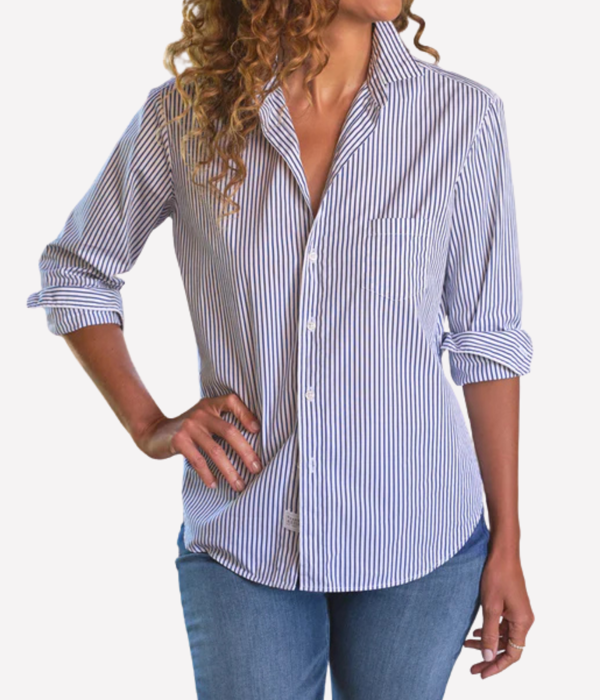 Eileen Woven Button Up in White Navy Stripe