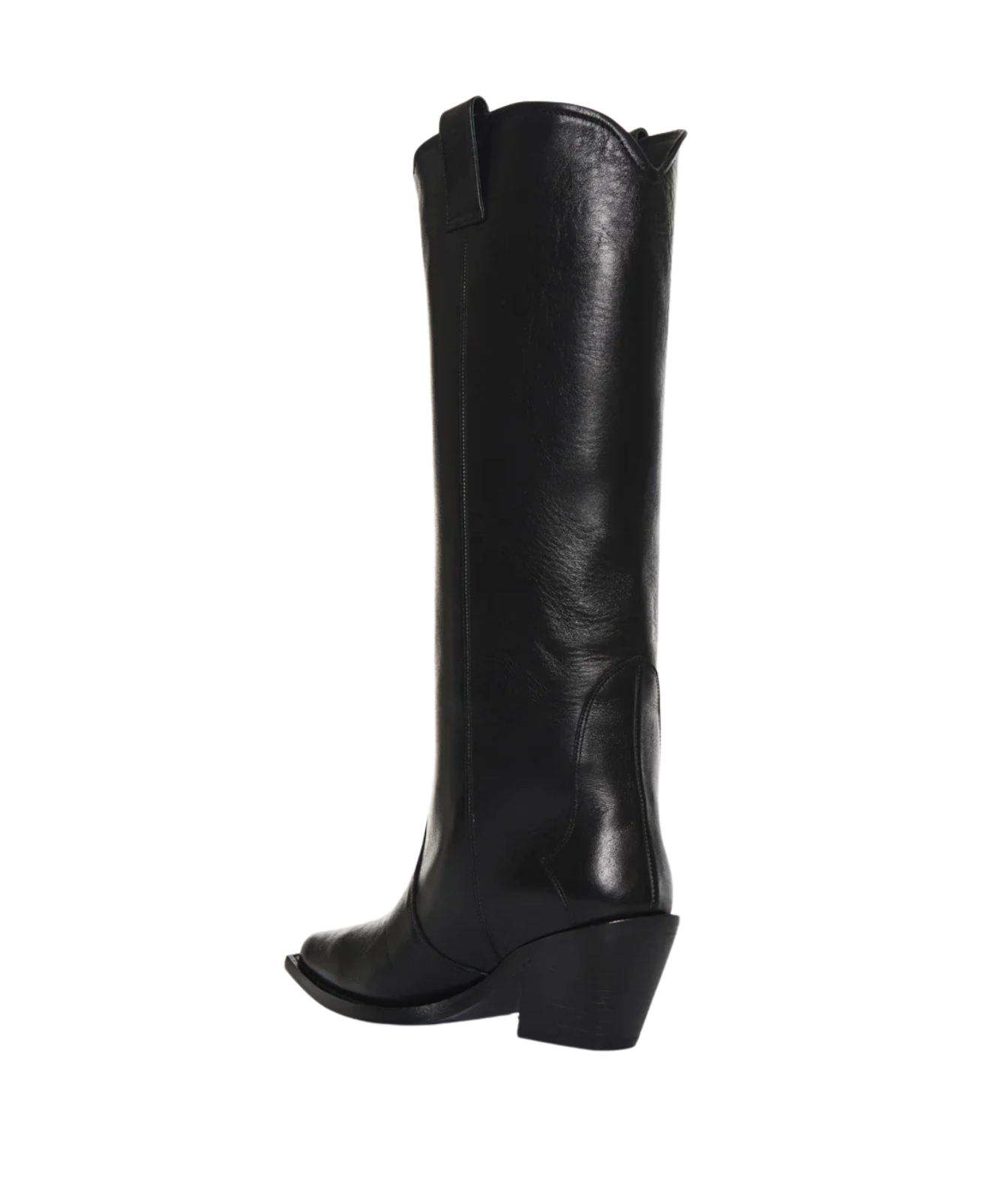 A black leather knee-high boot with a pointed toe and low block heel, shown from a side profile view against a plain white background.