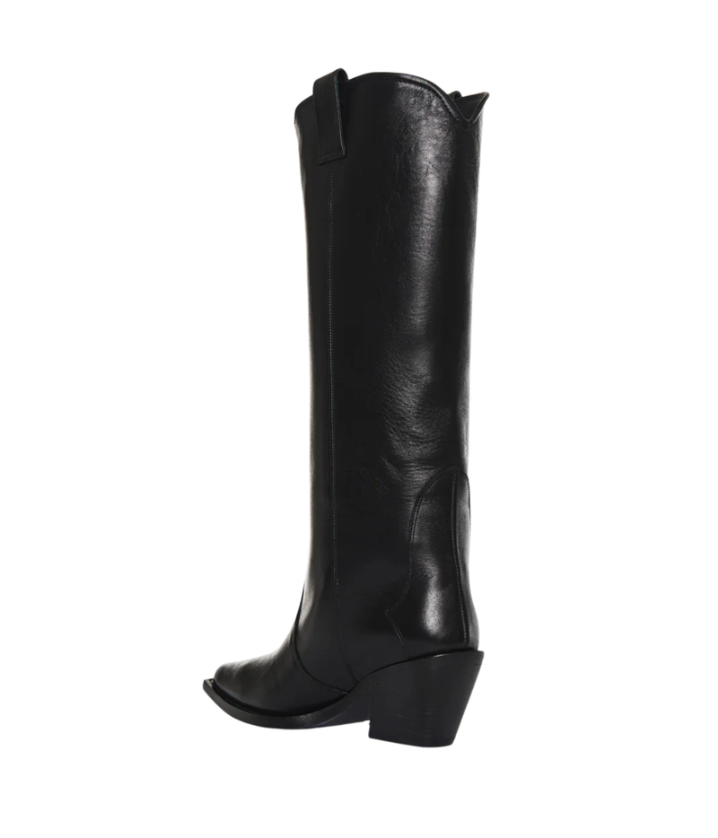 A black leather knee-high boot with a pointed toe and low block heel, shown from a side profile view against a plain white background.