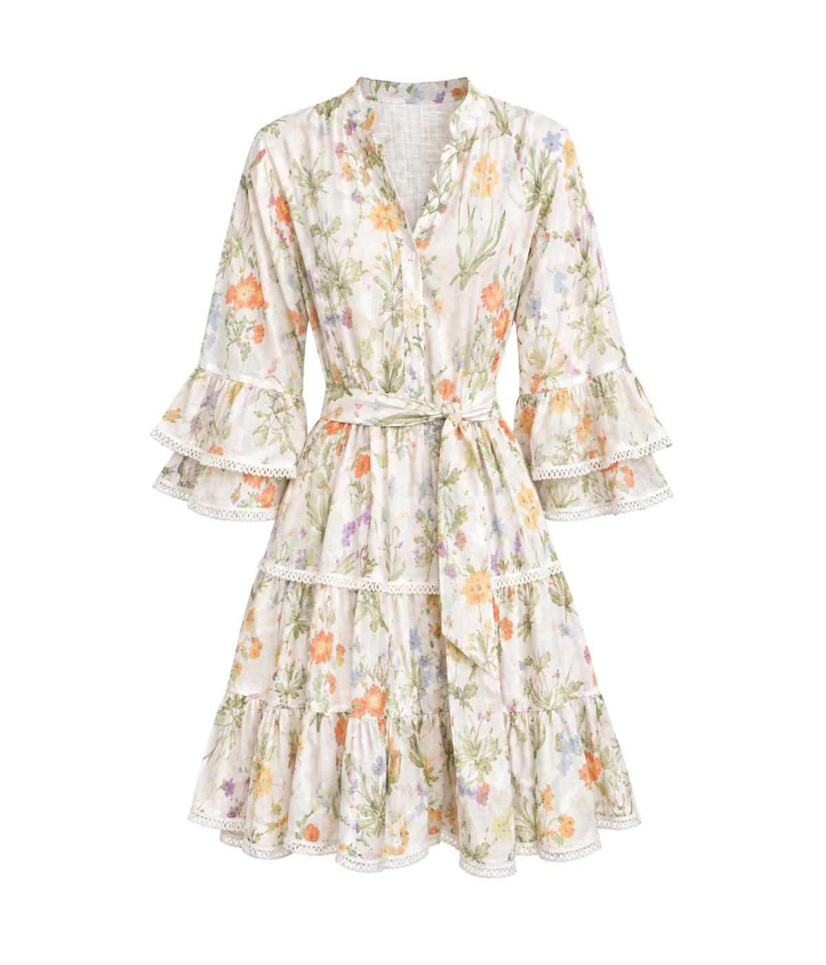Front view of the Positano Panarea Dress in Botanical, a cream mini dress with a multicoloured wildflower print, ruffled V-neckline, tiered lace-trimmed bell sleeves, tie waist and tiered skirt