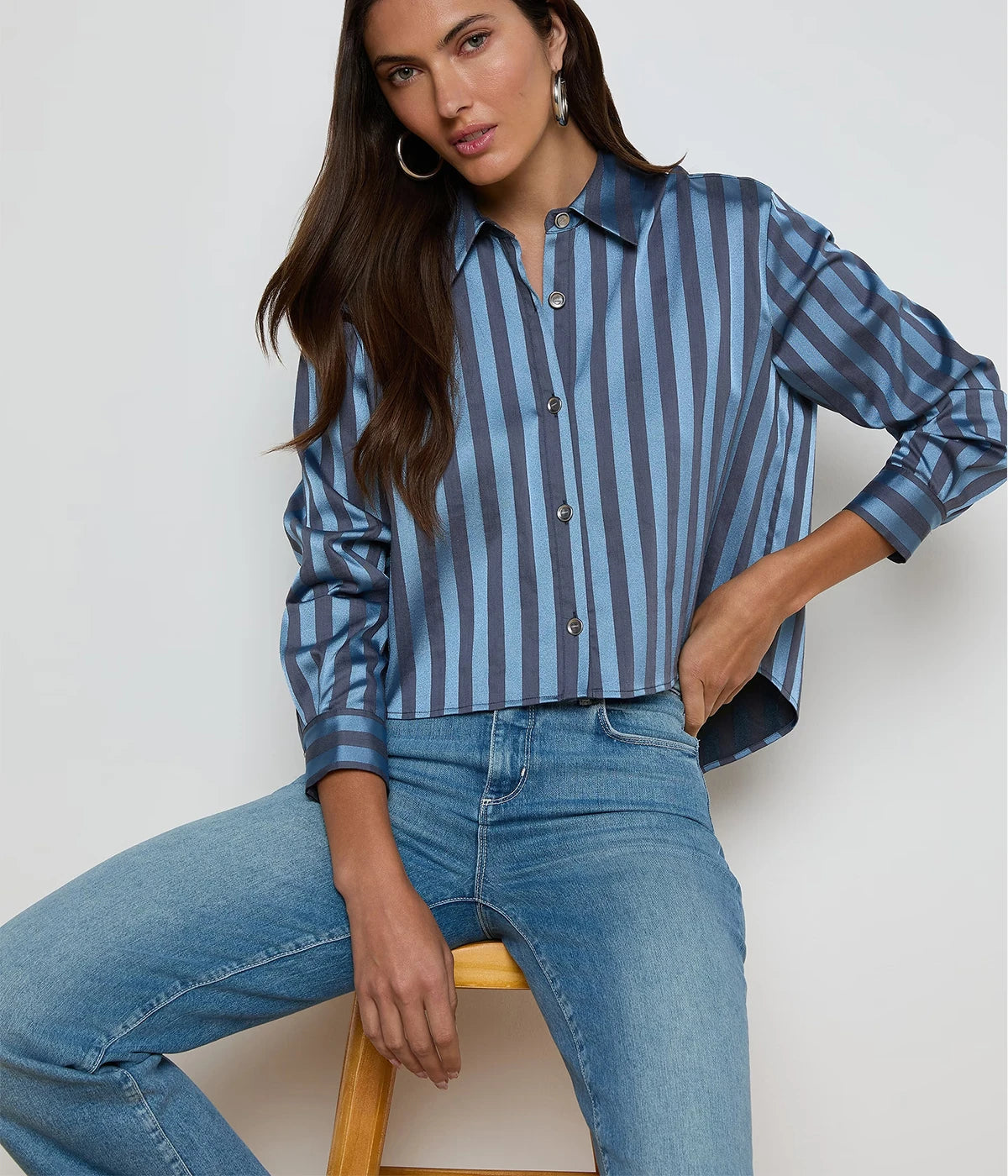 Cosette Crop Hi Low Shirt In Blue Multi Stripe
