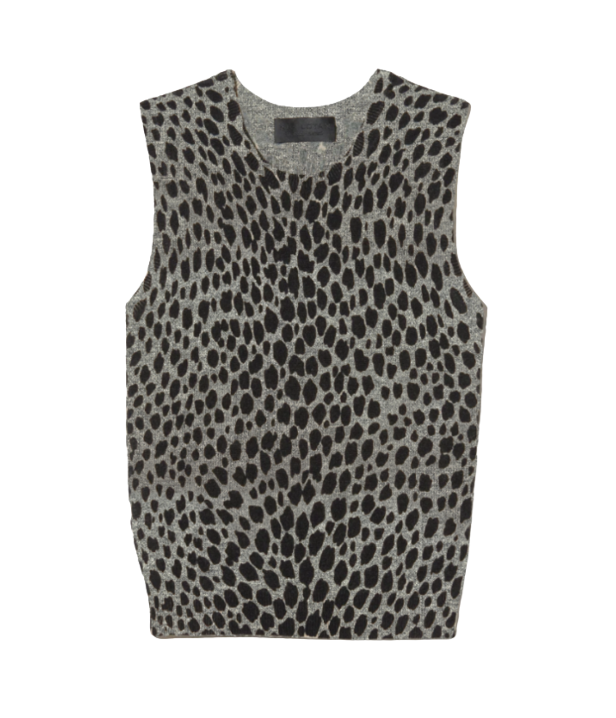 Nili Lotan Nessa Sweater Tank in Pebble Grey Heather & Black Cheetah flat lay view of sleeveless cashmere knit top with ribbed edges and cheetah pattern.