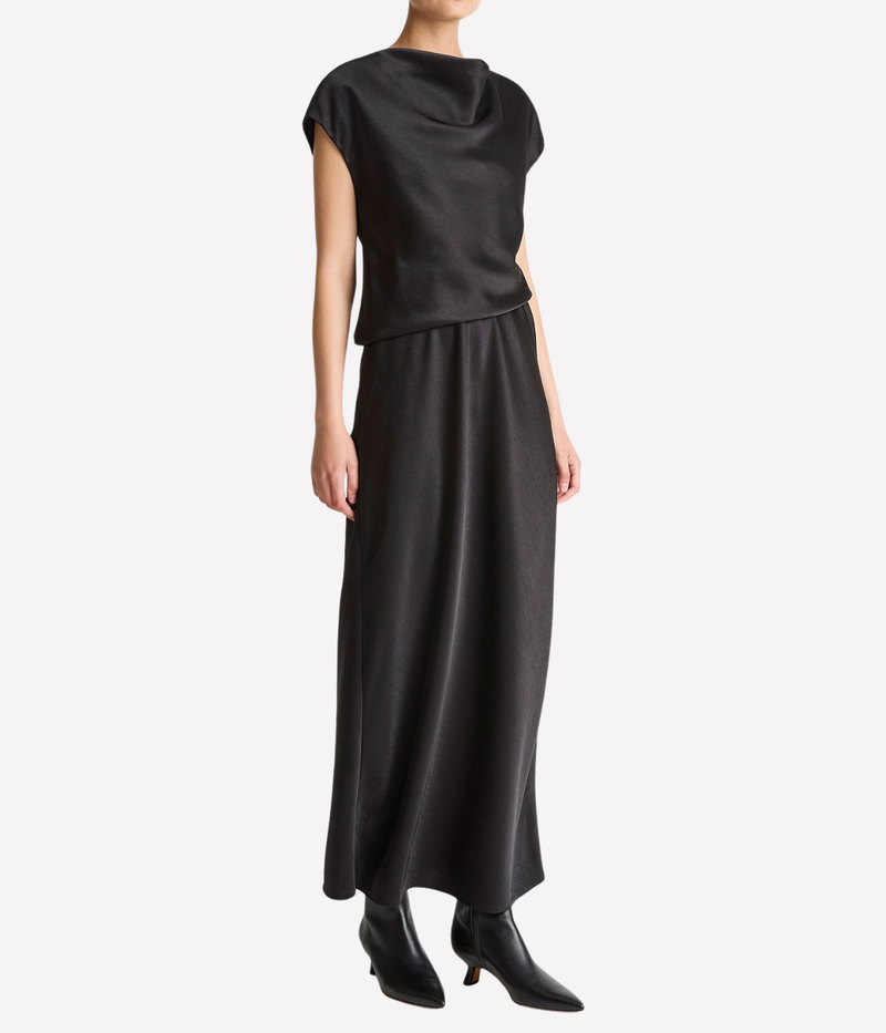 Draped Cowl Cap Sleeve Dress in BLACK