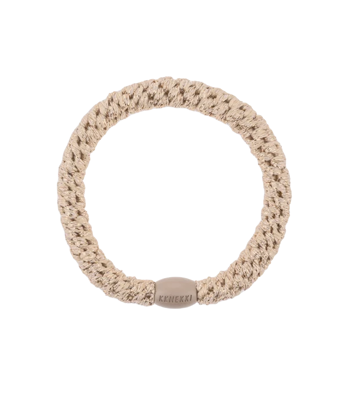 A beige braided hair band with a smooth plastic bead with KKNEKKI writing