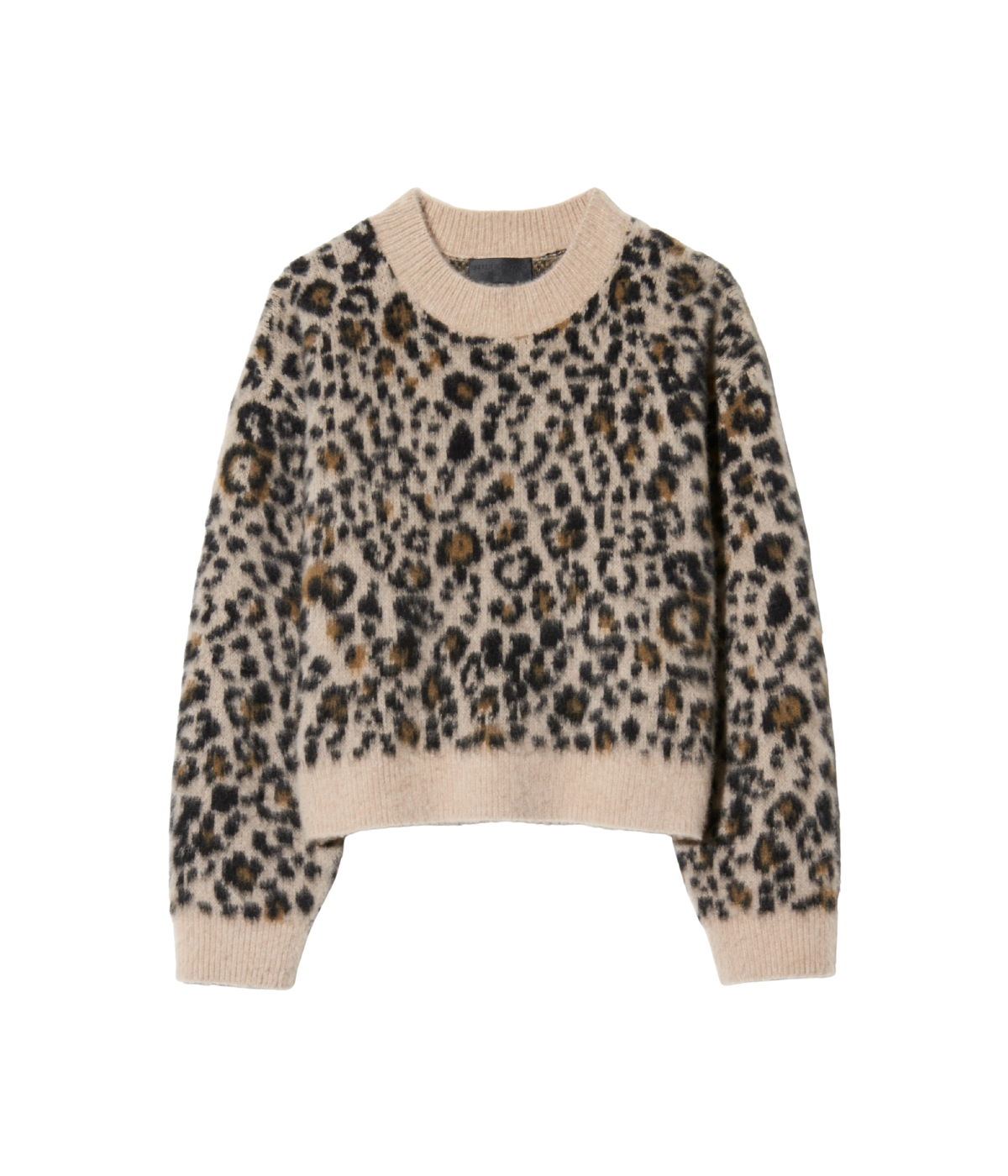 Leopard print sweater worn by a person on a white background
