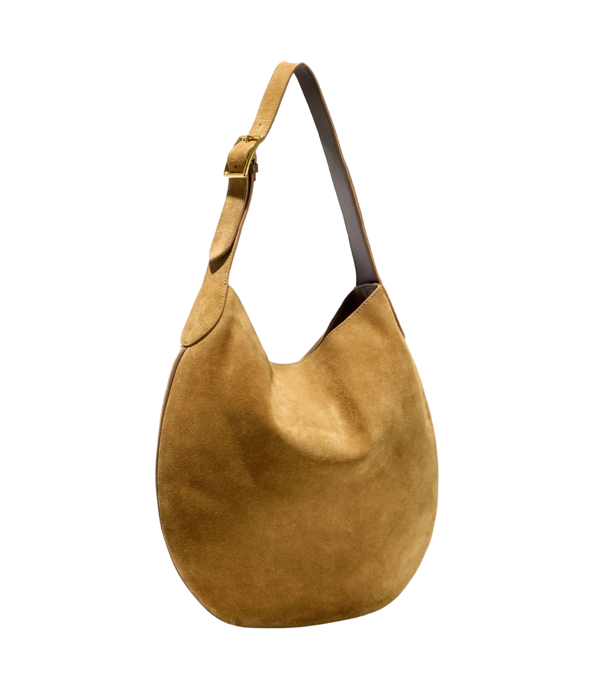A slouchy hobo shoulder bag in tan suede with a dark brown leather strap and a gold-tone buckle, shown against a plain white background.
