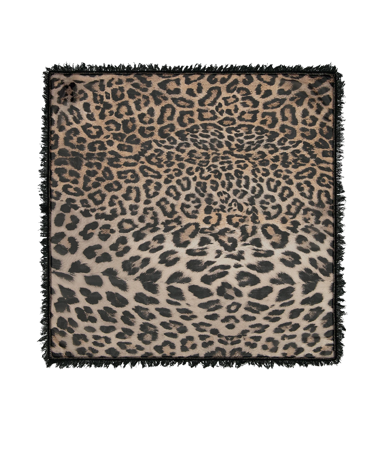 A square throw blanket with a classic leopard print pattern in beige, brown, and black, finished with a black fringed border, shown flat against a white background.
