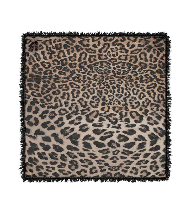 A square throw blanket with a classic leopard print pattern in beige, brown, and black, finished with a black fringed border, shown flat against a white background.