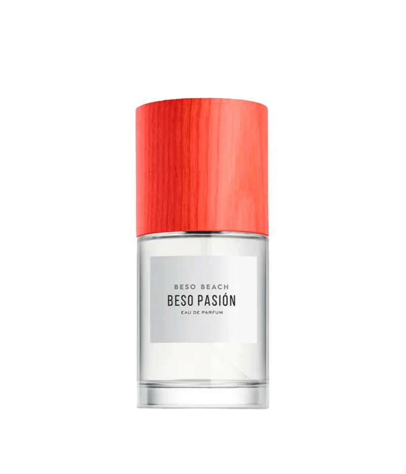 Beso Beach Beso Pasion Eau de Parfum bottle with a vibrant coral-red wooden cap and a clear glass body, shown on a solid white background.