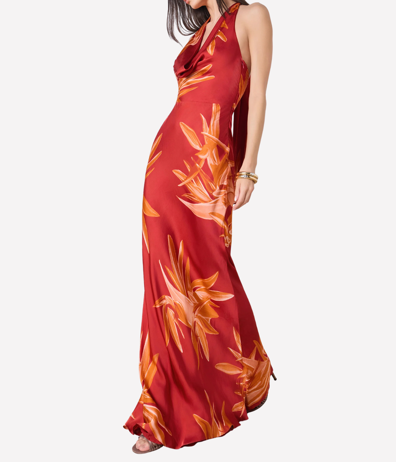 Red dress with orange floral pattern on a white background