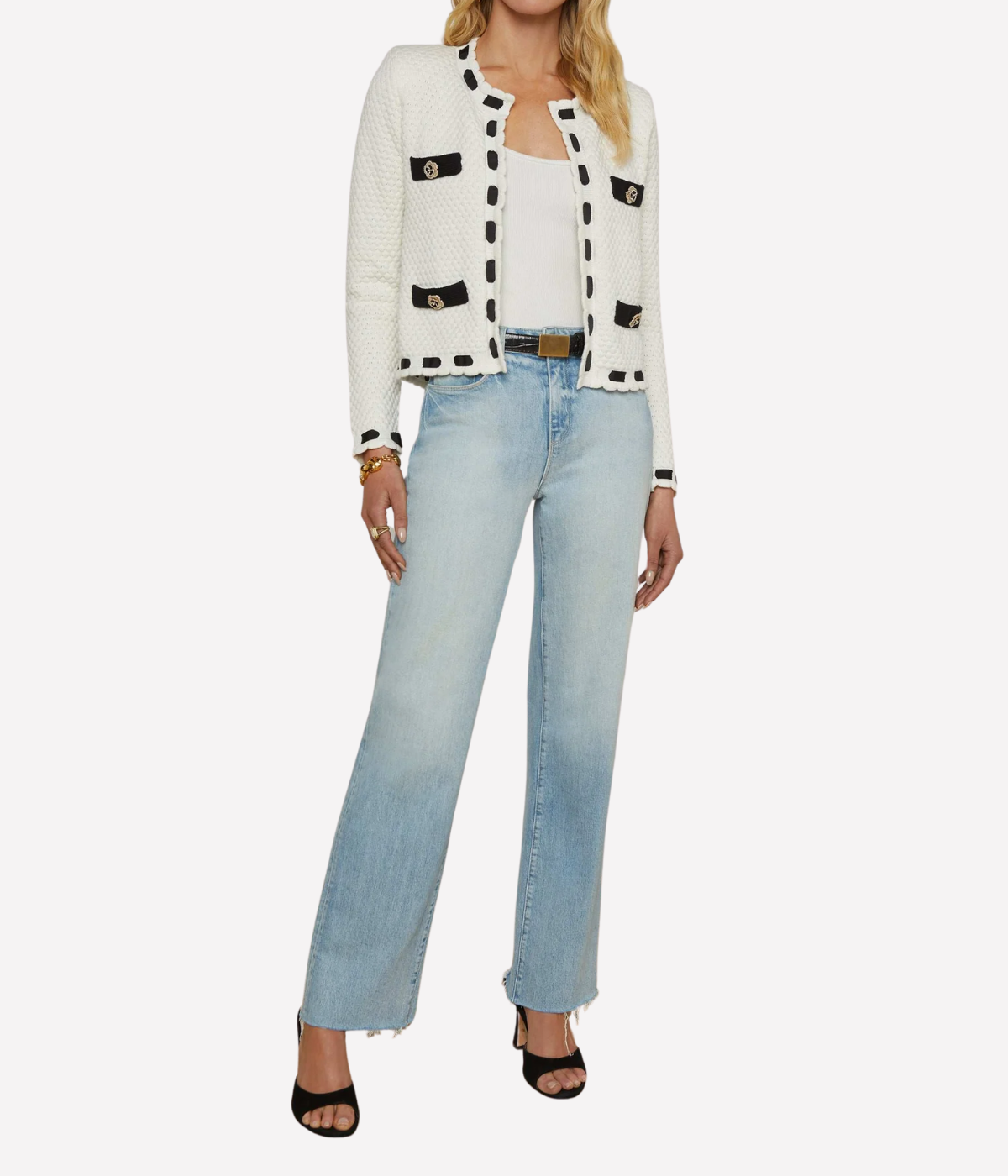 Astor Contrast Trim Cardigan in Ivory Black