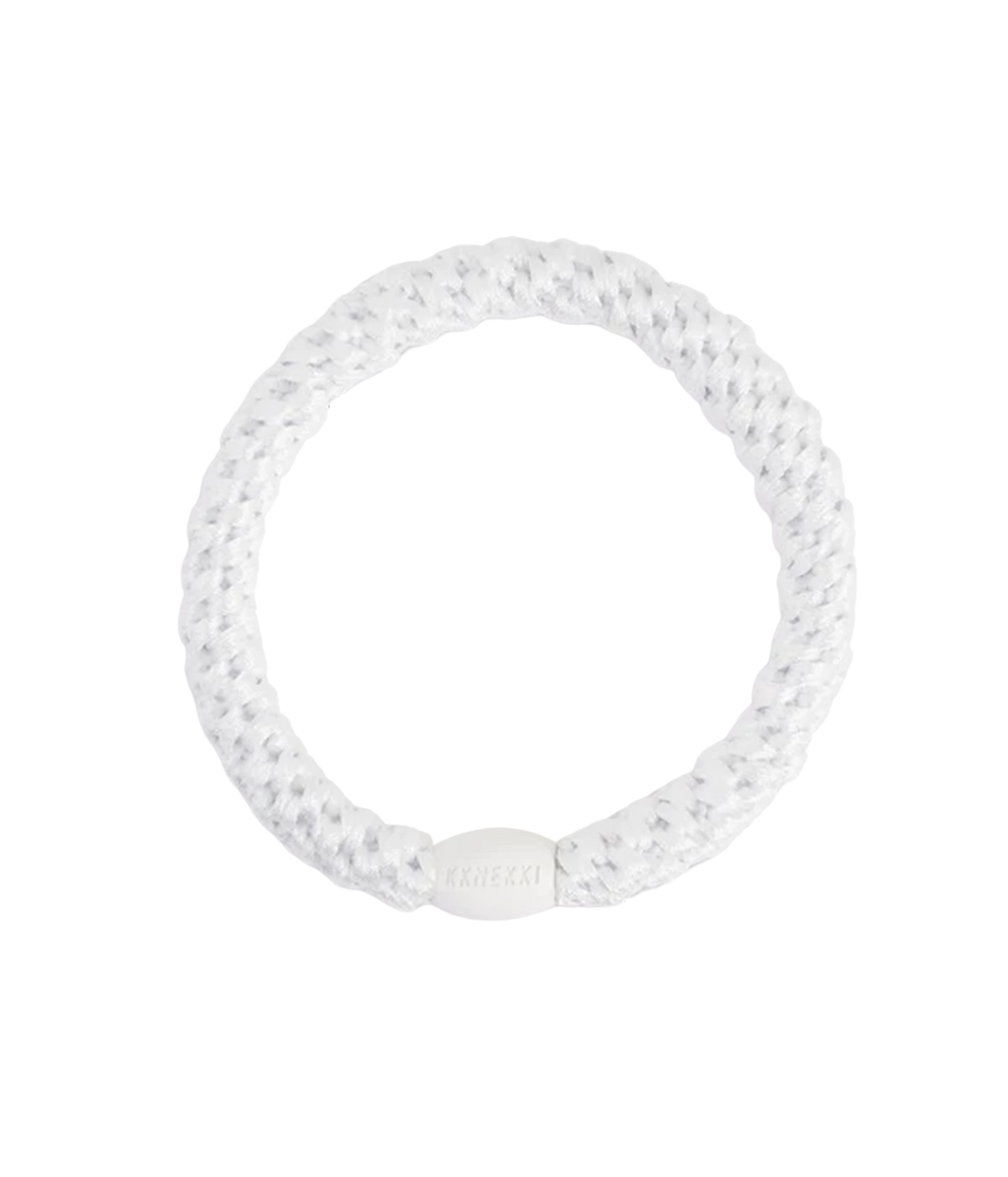 A white braided hair band with a smooth plastic bead with KKNEKKI writing