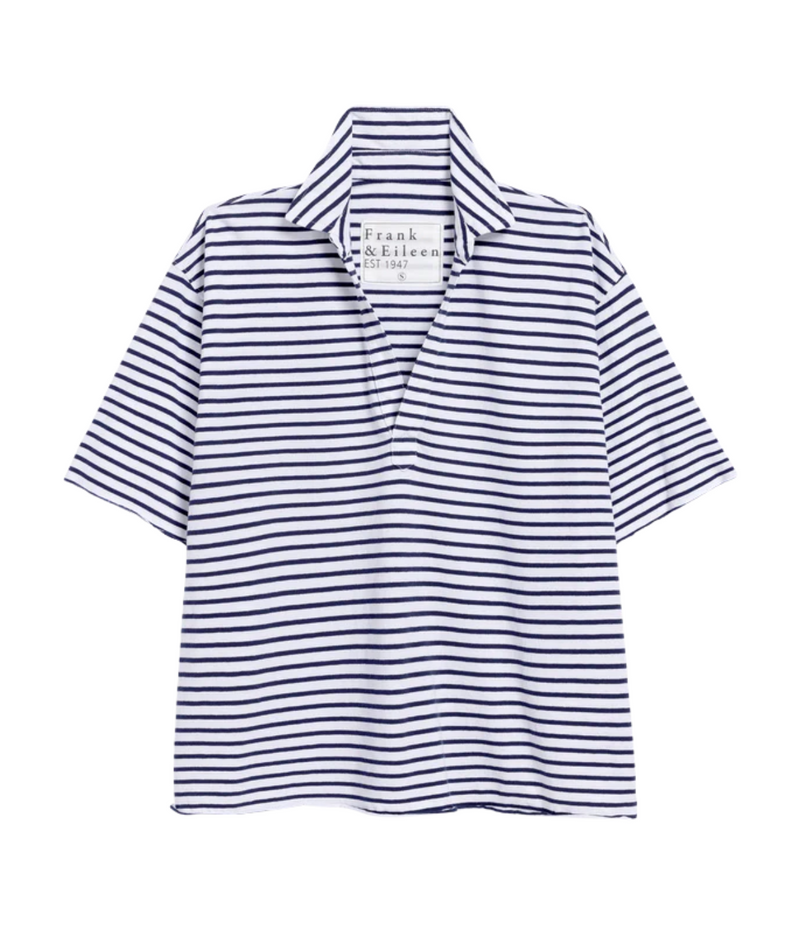 Patty Short Sleeve Jersey Henley in White Navy Stripe