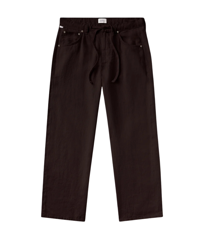 Dark brown drawstring pants with a relaxed straight-leg fit, displayed flat against a solid white background.