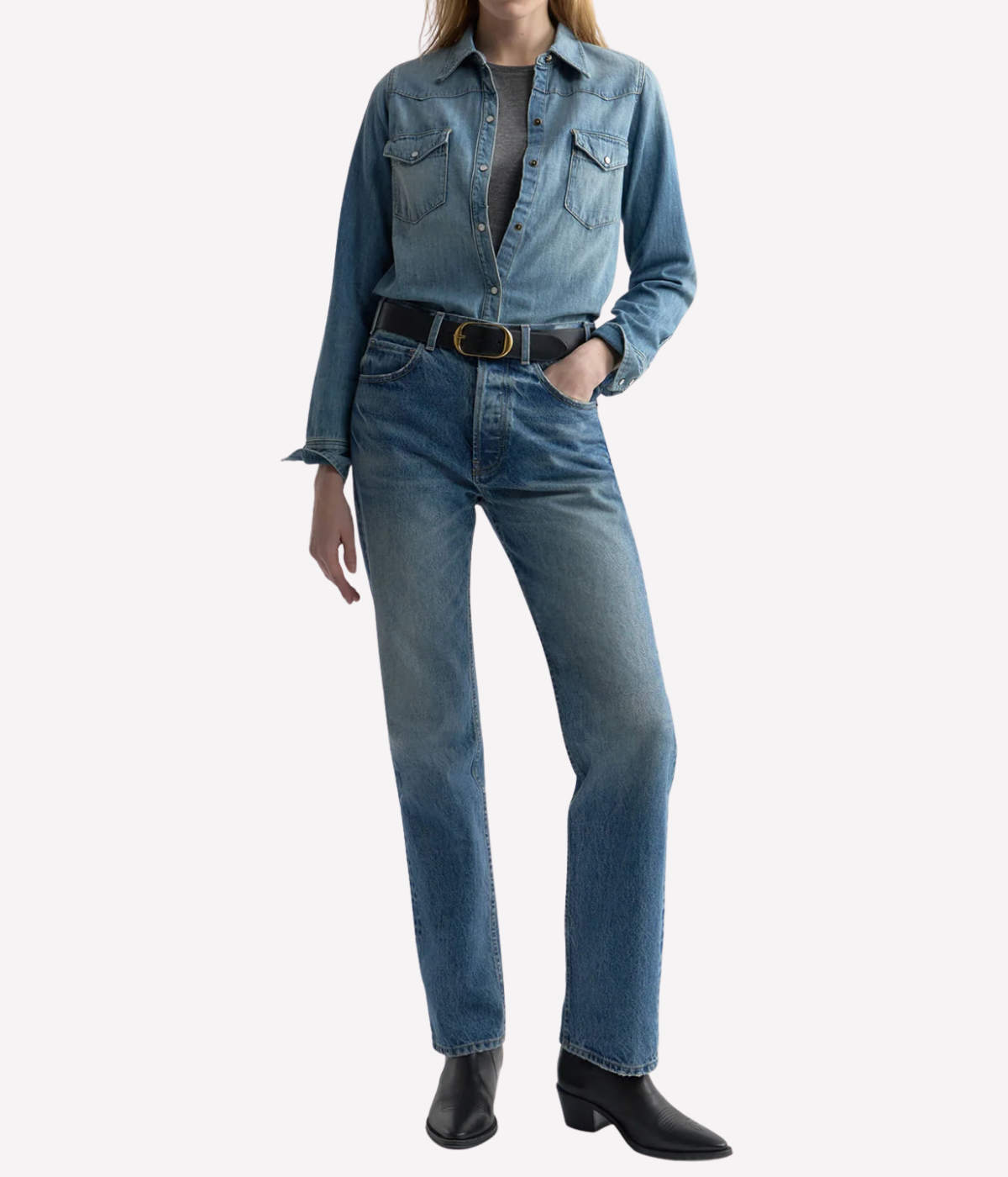 Nili Lotan Briana Jean in Rosebowl Wash worn on model full length view showing straight-leg silhouette and tapered hem