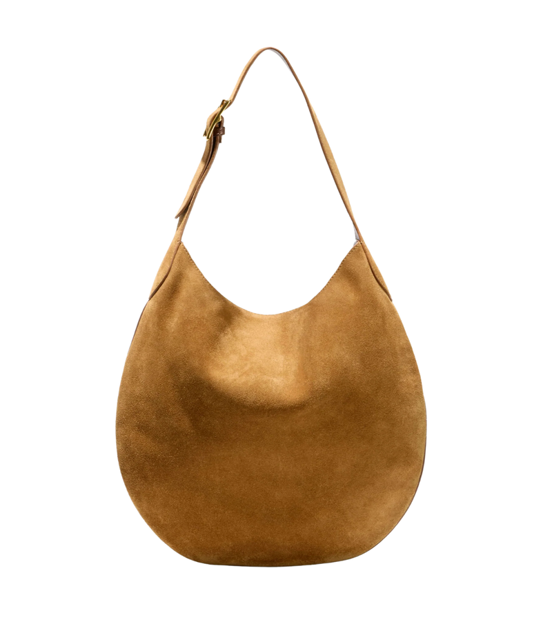 A tan suede hobo shoulder bag with a single strap and gold-tone hardware, shown against a plain white background.