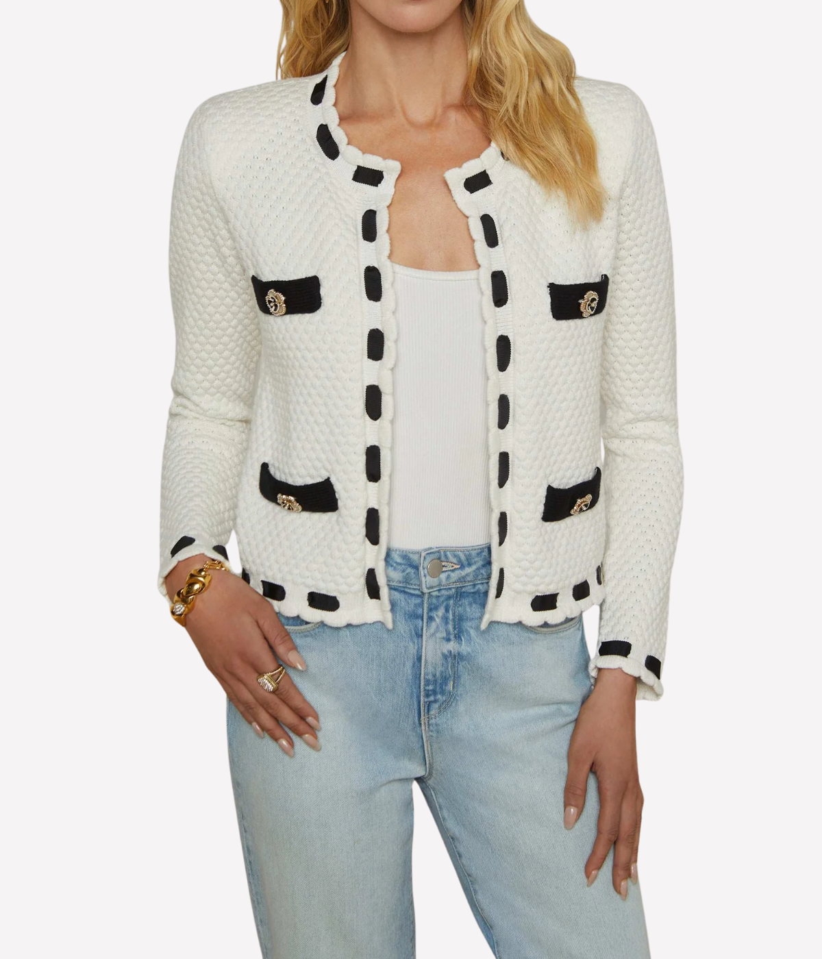 Astor Contrast Trim Cardigan in Ivory Black