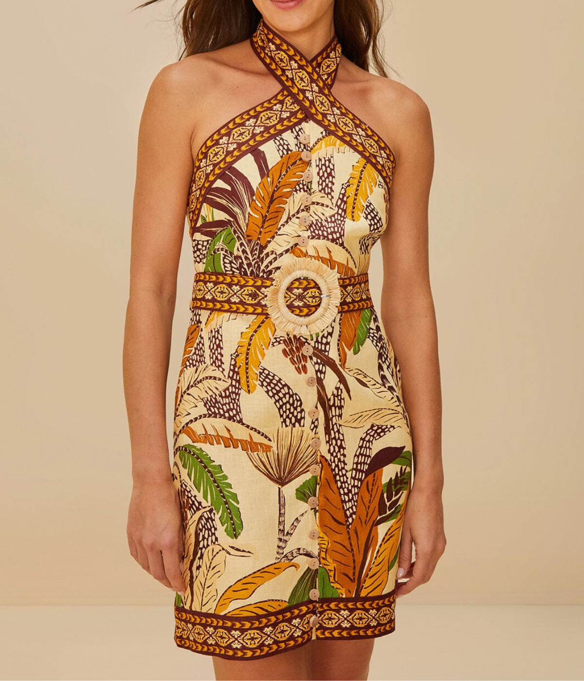 Foliage Halter Neck Dress in Sketch Sand