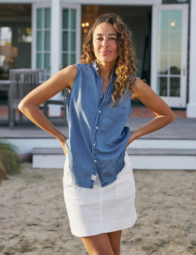 Fiona Ruffle Sleeveless Button Up In Vintage Stone Wash Indigo
