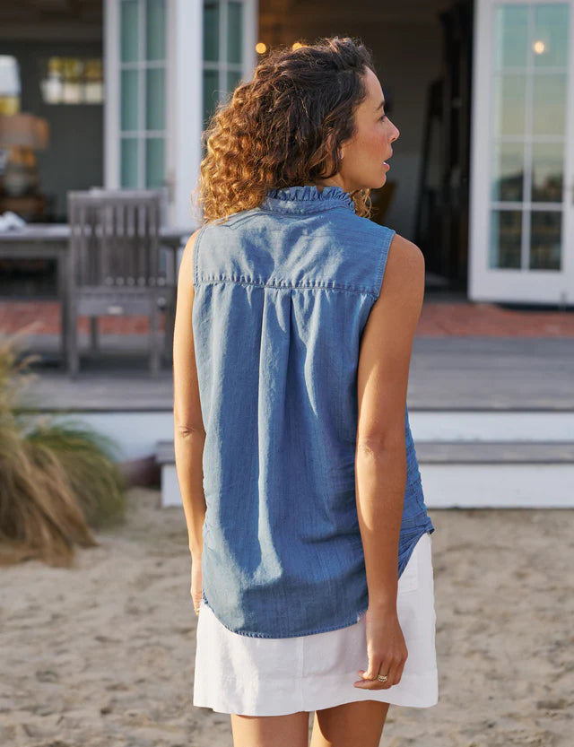 Fiona Ruffle Sleeveless Button Up In Vintage Stone Wash Indigo