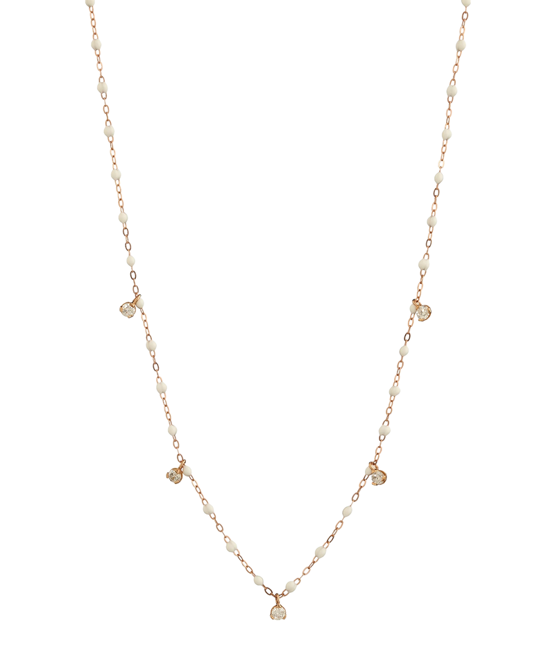 Gigi Clozeau white resin bead necklace on rose gold chain with 5 diamond charms, 45cm