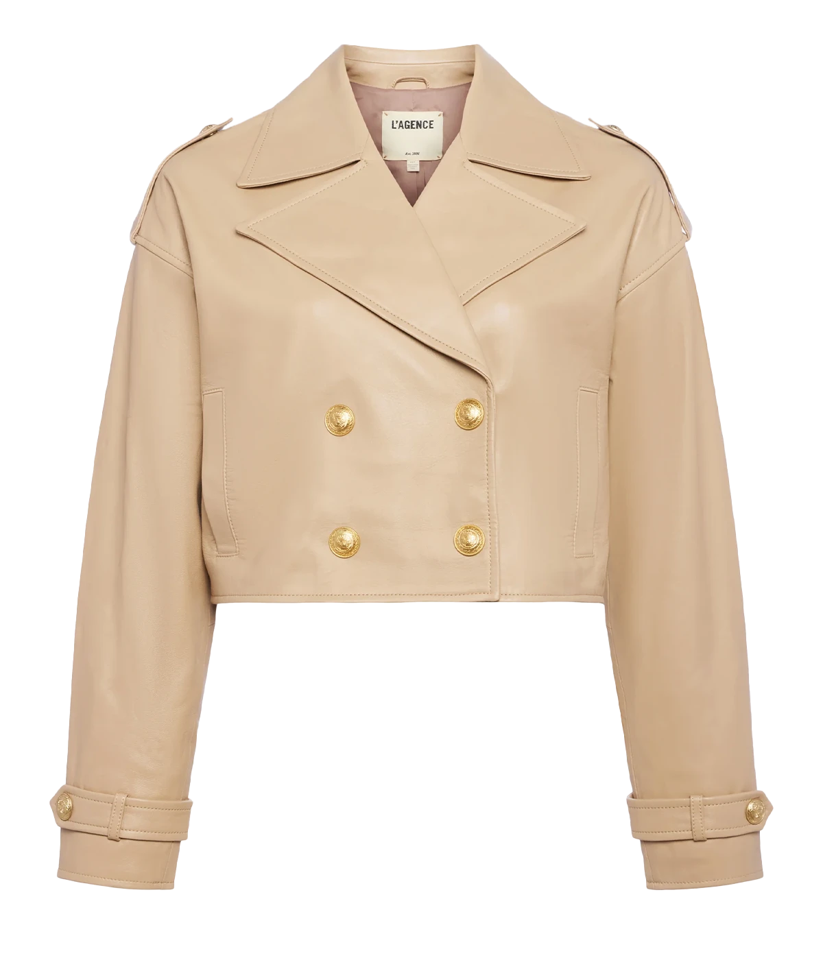 ALT text: Cropped black leather trench coat with snap closures and welt pockets