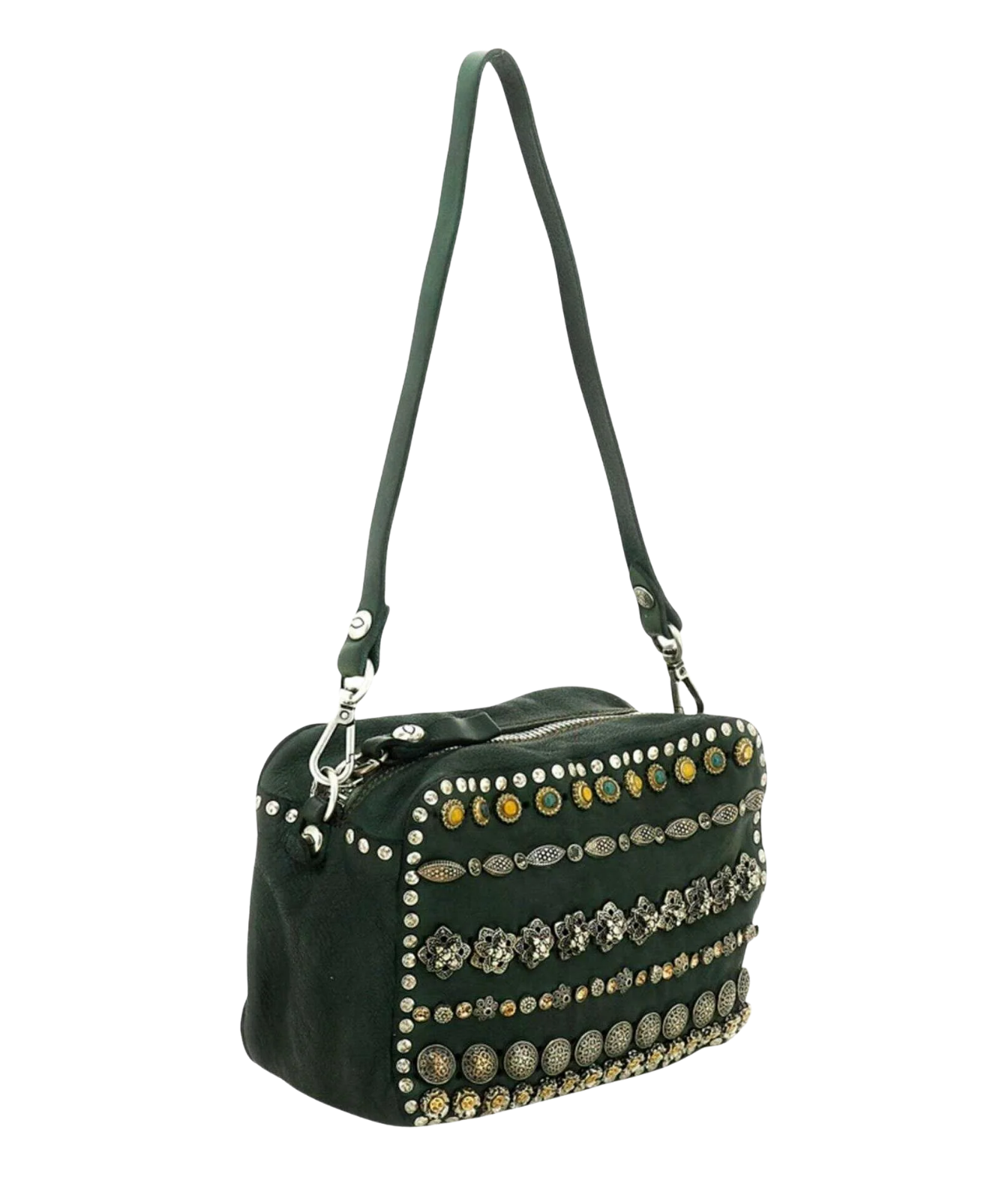 A dark green suede shoulder bag with a long strap, decorated with rows of silver and gold-tone studs and metallic coin embellishments on the front flap, shown against a plain white background.