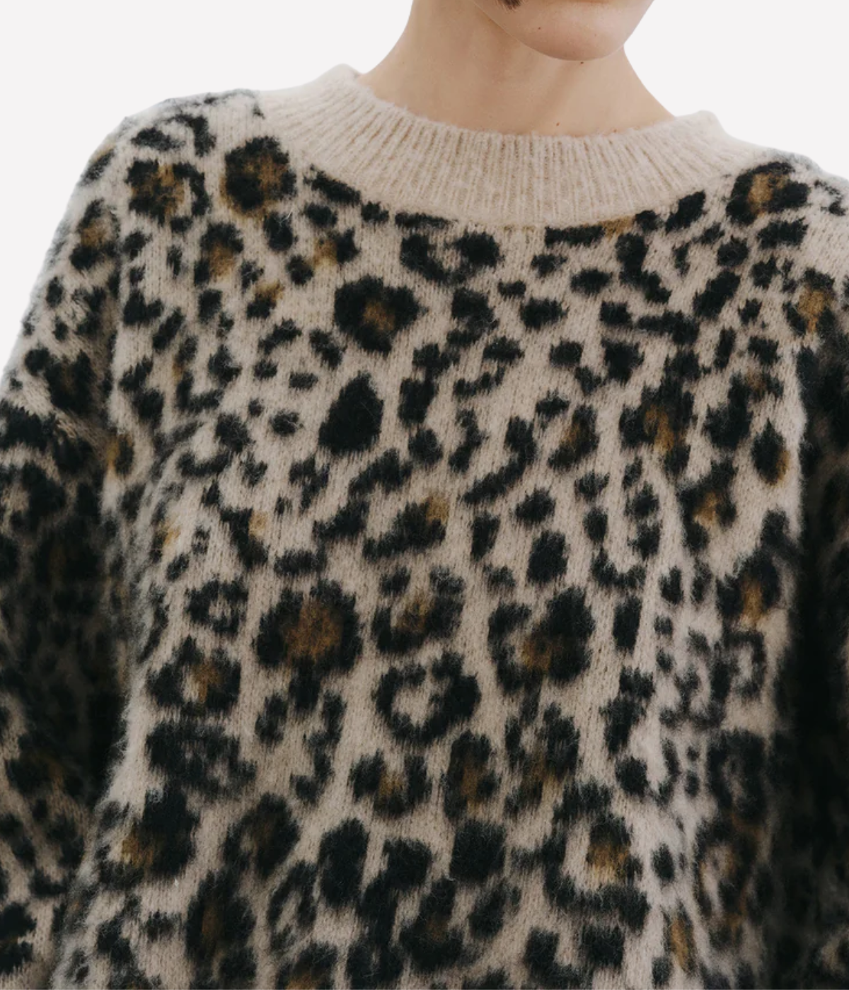 Leopard print sweater worn by a person on a white background