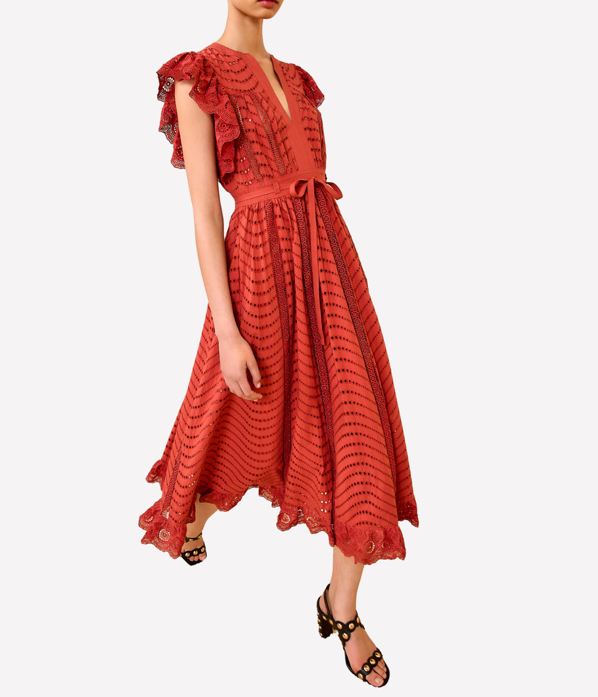 Olga Flutter Sleeve Midi Dress in Claret