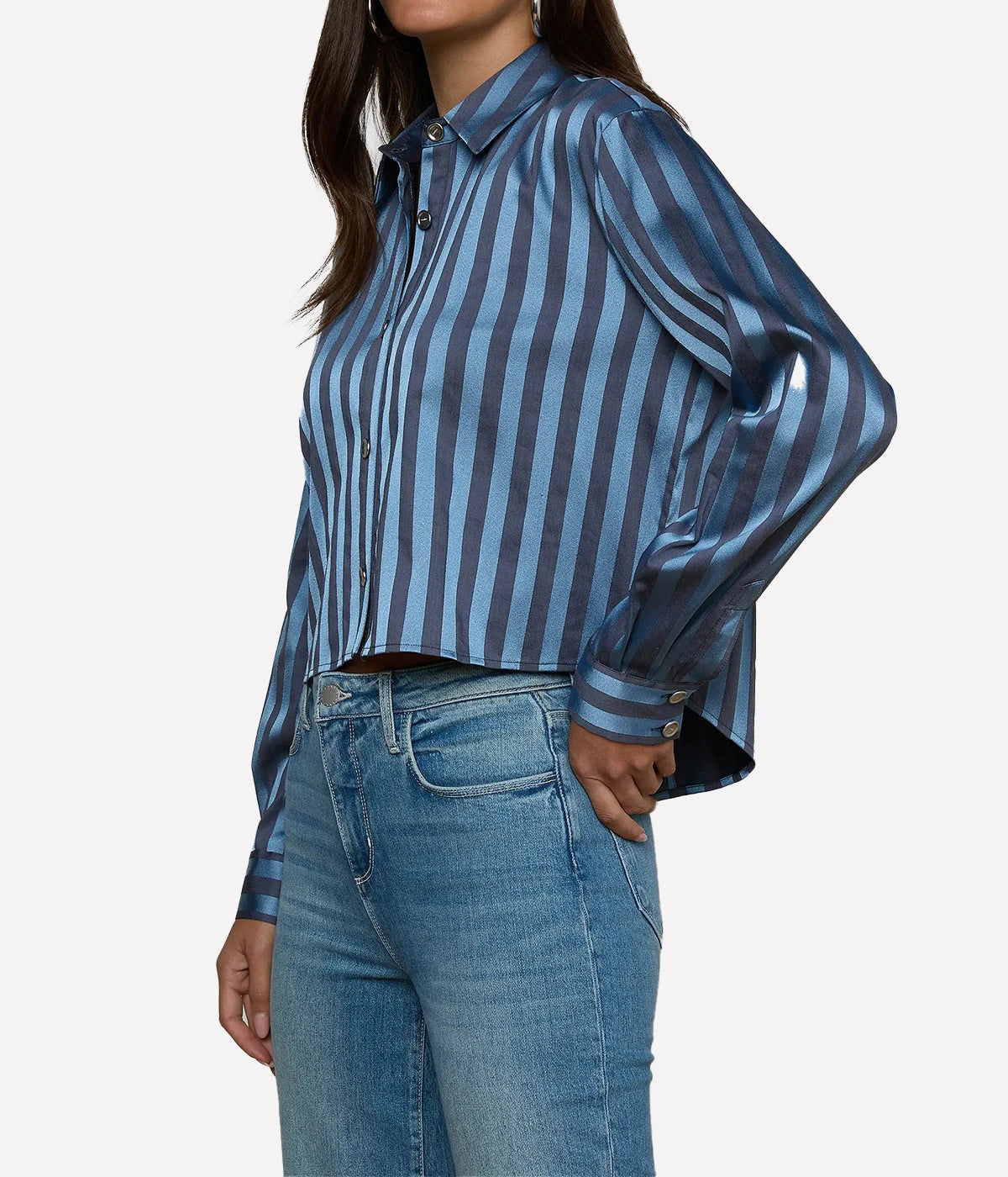 Cosette Crop Hi Low Shirt In Blue Multi Stripe