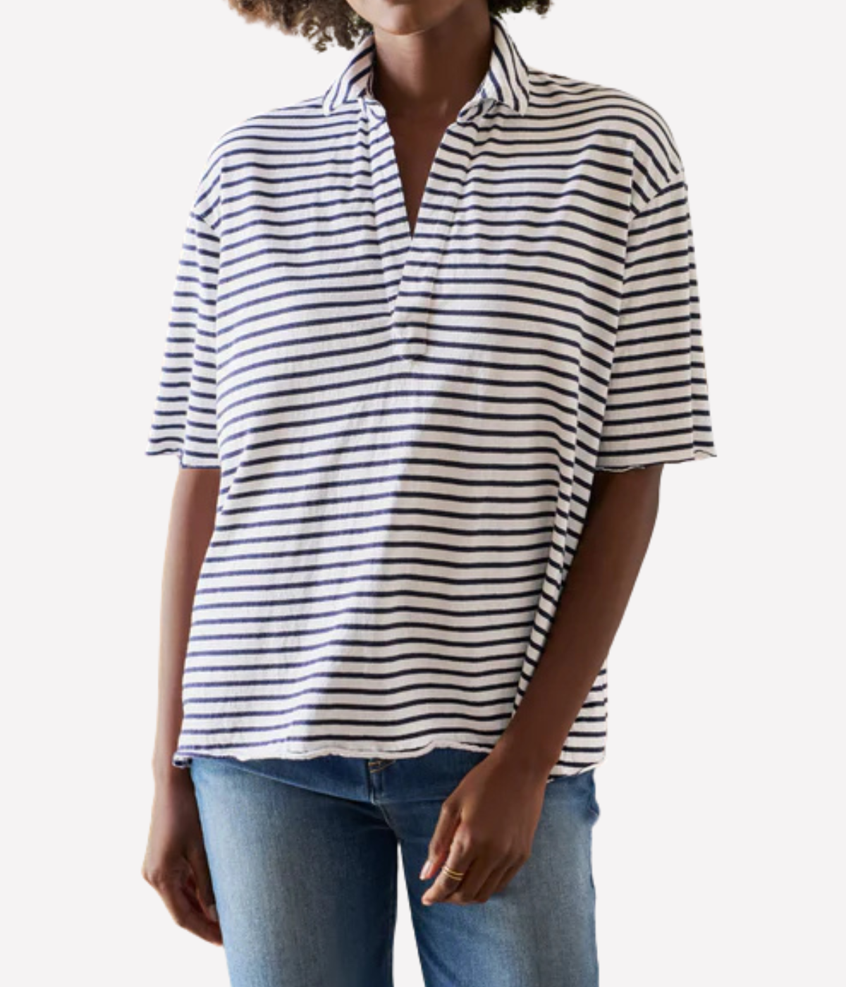 Patty Short Sleeve Jersey Henley in White Navy Stripe
