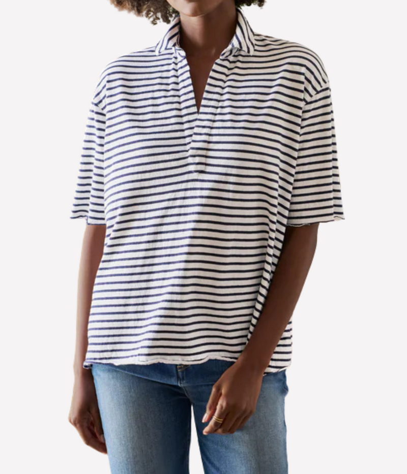 Patty Short Sleeve Jersey Henley in White Navy Stripe