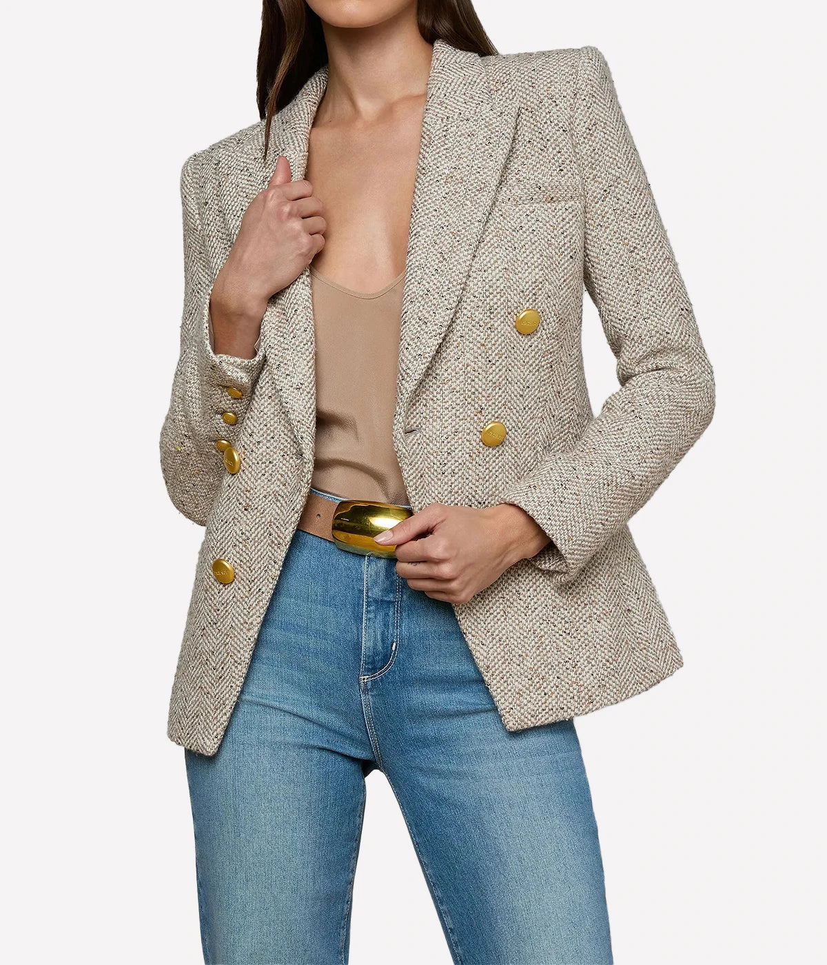 Kyomi Double Breasted Blazer In Neutral Multi Tweed